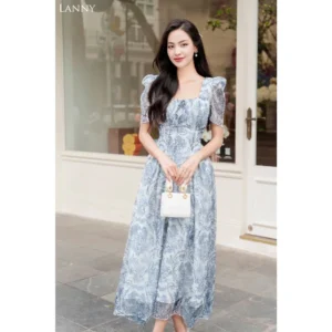 Đầm maxi Lanny chiết eo cổ vuông dáng dài họa tiết xanh biển chất tơ Hàn đi làm đi chơi đi biển siêu xinh