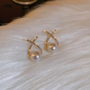 Bạc Kim Chữ Kim Cương Ngọc Trai Bông Tai Hàn Quốc Đơn Giản Nhỏ
