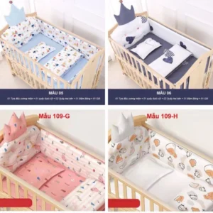 SET QUÂY NÔI CŨI,HOÀNG GIA VƯƠNG MIỆN CAO CẤP: Nệm, Gối, 4 Quây Vải [Chưa Gồm Cũi Gỗ]