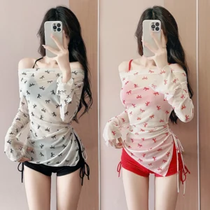 Bộ đồ bơi ba mảnh kiểu mới Bikini, đồ bơi phong cách thuần khiết nữ tính, Bán Buôn chống nắng dài tay nơ bướm cho nữ