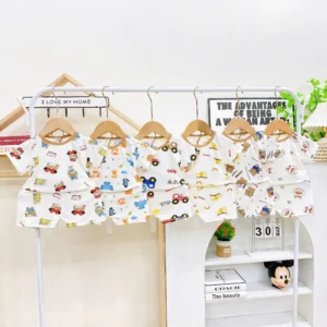 Combo 5 Bộ (Tặng 1 Bộ) cộc tay cho bé gái bé trai thun tăm lạnh màu trắng kem 3-15kg (5 họa tiết khác nhau)